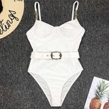 Ribbed Push up Underwired Metal Chain Women Swimwear One Piece Swimsuit Female Waist Belt Monokini Bather Bathing Suit Swim Lady