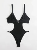 Sexy Hollow Out Backless Thong Bikini 2026 Women Black Coffee Golden Bead One Piece Swimsuit Beach Bathing Suit Holiday Swimwear