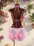 Vintage Blue 3D Floral Bikinis Sets Women Mesh Ruffle Skirt 3 Piece Swimsuit 2026 Sexy Push Up Bra Bathing Suit Holiday Swimwear