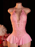Pink Sexy Lace Bodysuits Crotchless Deep V Open Teddy Babydoll Sheer Sleepwear Elegant & Seductive Erotic Lingerie For Women