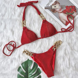 Halter Ribbed Metal Chains Diamond Bikini Women Swimsuit Female Swimwear Two-pieces Bikini Set Bather Bathing Suit Swim Lady