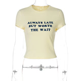 Woman Clothing Letter Print Short T-shirts Y2K Streetwear 2026 Summer O-neck Slim Fit Crop Tops Vacation Beach Tees Light Yellow