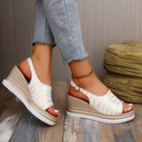 White Pu Leather Wedges Sandals Women Plus Size 43 Back Strap Platform Sandles Woman 2026 Summer Peep Toe High Heel Sandalias