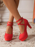 Large Size 42 Sexy Super High Heels Shoes for Women Ankle Buckle Chunky Platform Pumps Woman Black Flock Square Heel Party Shoes
