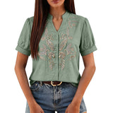 Women Floral Embroidery Puff Short Sleeve T Shirt Stand Collar V Neck Button Down Loose Solid Tees Summer Boho Casual Office Top