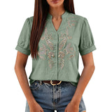 Women Floral Embroidery Puff Short Sleeve T Shirt Stand Collar V Neck Button Down Loose Solid Tees Summer Boho Casual Office Top