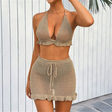 Sexy Halter Hollow Out Beach Skirt Bikini Female Swimsuit Women Swimwear Two-pieces Bikini set Bather Bathing Suit Swim K6782
