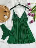Summer Soft Sheer Nighty Pajamas Nightgowns Dark Green Halter Dress Women Sleepwear Sexy Nightdress Thong Sets