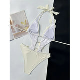 Sexy 3D Flowers Deep V Neck Halter Women Swimwear One Piece Swimsuit Female High Cut Leg Monokini Bather Bathing Suit Swim V6986