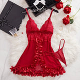Transparent Hot Sexy Lingerie Women's Underwear See Through Flower Edging Lace Nightdress And Thongs Pijamas Sets Female Nighty