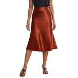 Satin-Like Shiny Skirt Women Midi Skirt High Waist Solid Color Mid-calf Length Skirt Soft Breathable Fabric Work Skirts