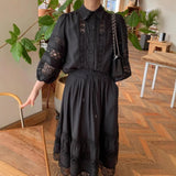 2026 French Retro Heavy Shirt Skirt Hollow Lace Balloon Sleeve Shirt + High Waist Belted Skirt Fashion Suit for Women