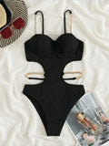 Sexy Push Up Underwire One Piece Swimsuit Women Solid Pink Metal Chain Hollow Out Ribbed Bathing Suit Backless Swimwear Monokini