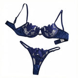 Navy Blue Floral Embroidery Satin Lingerie Set Sheer Mesh Underwire Bra & Thong Women Sexy Underwear