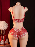 Contrast Color Lace Sexy Lingerie, Semi Transparent Open Chest Bra & Crotchless Pantt Sets, Perfect For Romantic Scenes Outfits