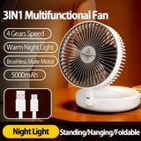 2024 New Style 5000mAh Small Portable Fan Rechargeable Wall Mounted Fan 90° Foldable Desktop Fan 4 Gears With Warm Night Light