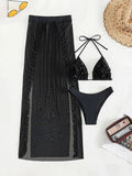 3D Flowers Ruffled Halter Long Skirt Bikini Women Swimwear Female Swimsuit Three-pieces Bikini Set Bathing Suit Swim Beach Wear
