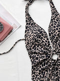 2026 Sexy One Piece Swimsuit Swimwear Women Deep V-neck Halter Leopard Metal Circle Bathing Suit Beachwear Maillot De Bain Femme