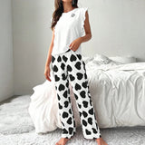 Spring Summer Heart Print Sleepwear Women Comfortable Pajamas Set Short Sleeve T-shirt with Pants Casual Homewear Loungewear