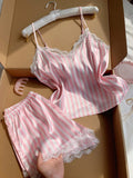 Two Piece Women's V-Neck Sexy Lace Suspender Pajama Satin Silk Intimate Lingerie Pink Stripe Sleewpear Pijamas Suit Summer New