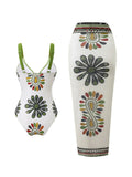 Vintage Green Floral Print Swimwear Long Skirts Sets 2026 Women V Neck Slim Tummy Control One Piece Swimsuit Beach Bathing Suits