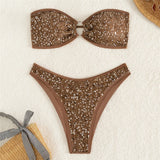 Sexy Brown Sequin Bandeau Bikini Femmes Metal Ring Swimwear Sexy Swimsuit Woman 2026 High Cut Bathing Suit Brazilian Bikinis Set
