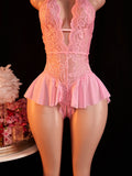 Pink Sexy Lace Bodysuits Crotchless Deep V Open Teddy Babydoll Sheer Sleepwear Elegant & Seductive Erotic Lingerie For Women