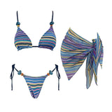 3Pcs Striped Bikini 2026 Bandeau Biquini Women Sexy Swimsuit Push Up Swimwear Female Mesh Pants Bathing Suit Cover Up Beachwear