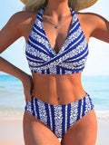 Sexy Black Striped Patchwork Bikini Set Women V Neck Cross Push Up Bra High Waist Swimsuit Bathing Suit Holiday Swimwear 2026