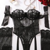 New Lace perspective Sexy Backless Slim Fit curve S-shaped Figure Sexy Seductive Lingerie Jumpsuit Two-piece Set