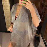 Sexy Fringe Tassel Mesh Sheer Shiny Knitted Tunic Beach Cover Up Cover-ups Beach Dress Beach Wear Beachwear Female Women V3321