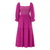 Women Spring Fall Long Dress Long Sleeve Dress Square Neck Embroidery Flower Loose Swing Dress Wit Pocket
