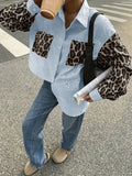 2026 New Women's Loose Casual Leopard Stripe Patchwork Long Sleeve Shirt with Pockets Turn Down Collar Blouse Top