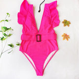 New Sexy Ruffled White Deep V One Piece Swimsuit Women Swimwear Female With Belt Monokini Bather Bathing Suit Swim Lady V2198