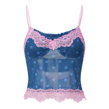 Women Fashion Dot Print Lace Patchwork Crop Tops Summer Slim Camisole Spaghetti Strap Mesh Tank Tops Streetwear