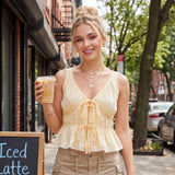 Women's Summer Solid Color Tank Tops Fashionable Lace Trim Sleeveless V Neck Tie Front Ruffled Peplum Vest