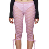 Women Lace Capri Leggings Flower See Through Low Rise Knee Length Tight Shorts with 3D Bows