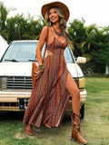 Deep V-Neck Backless Sling Dress with Thigh High Slit, Floral Print Beach Holiday Party Maxi Dress, Summer Women's Clothing