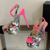 New Sexy Snake Print Leather Platform High Heels Sandals Women Fashion Peep Toe Buckle Strap Stiletto Party Dress Shoes