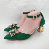 ZOKI Fashion Pearl Buckle Square Heels Pumps Women Pointed Toe Bling Crystal Party Shoes Woman Elegant Med Heels Bride Shoes
