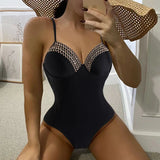 2026 Black Swimsuit One Piece Push Up Swimwear Women Solid Bathing Suit Female Padded Swimming Summer Beachwear Bodysuit