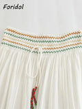 Foridol Marine Organism Embroidery Batwing Sleeve Summer Spring Maxi Skirt Set Cotton White Tassle Dress Set Outfits Button Suit