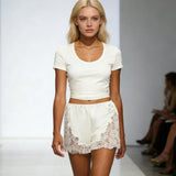 Women Summer Casual Wear Featuring Intricate Lace Detailing On Sides And Hem Mini Shorts Summer Silk Lace Shorts