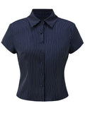 Women Button Down Slim Fit Striped Shirt Fashionable Summer Short Sleeve Turn Down Collar Tops for Casual Daily Wear
