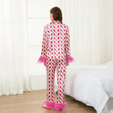 2 Piece Satin Pajama Set Women Feather Trim Long Sleeve Button Up Shirt Tops + Long Pants Set Sleepwear Loungewear