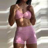 2PCS Backless Sports Bra High-Waisted Yoga Shorts Set Sexy Neck Hanging Design Abdomen Hip Lifting Fitness Outfit