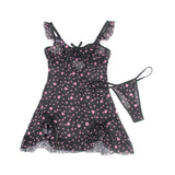 Pink Heart Print Mesh Nightdress for Women Lace Trim See Through Push Up Underwire Chemise with Panties Plus Size M-3XL