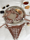 2025 Fashionable Women Two-Piece Swimsuit Adorable Chocolate Dot Design with Lace Detail Perfect for Beach Wear and Pool Parties