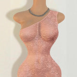Sexy Jacquard Lace See Through Playsuits Women Hipster Oblique Shoulder Sleeveless Skinny Rompers Midnight Party Clubwear