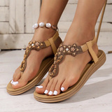 Bohemian Style Flowers Decor Flats Sandals Women Summer 2025 Clip Toe Non Slip Beach Sandalias Mujer Plus Size Slip On Sandles